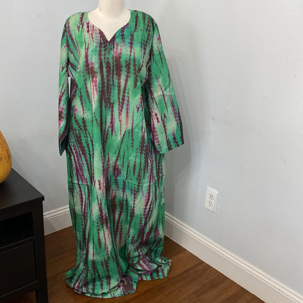 Linen Tie Dye Lounge Long Sleeve Kaftan Caftan Maxi Dress‎ Size OS NEW